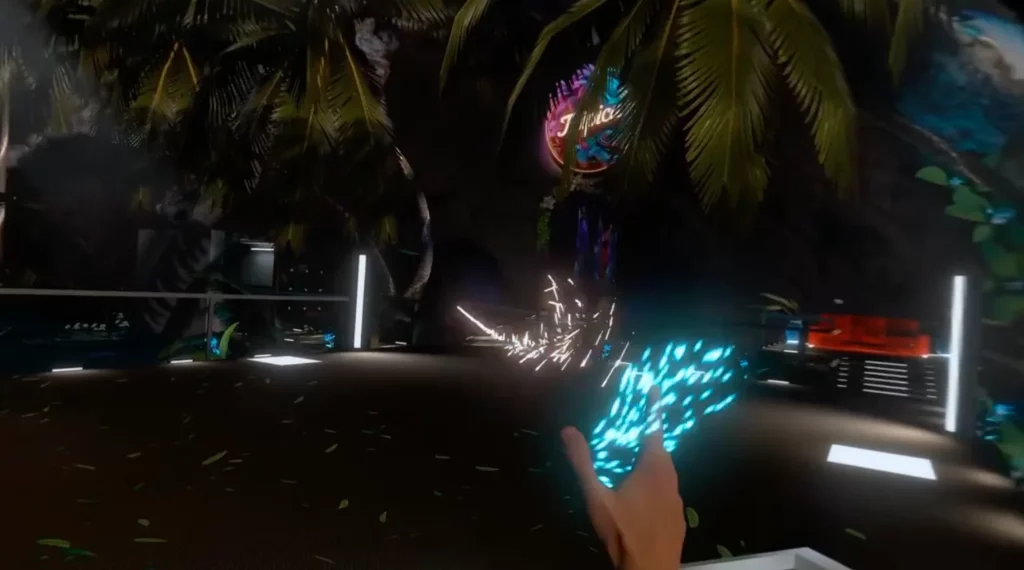 A glowing particle hand throwing sparks under palm trees and the Tripica neon sign in VR Club Live: Tripica