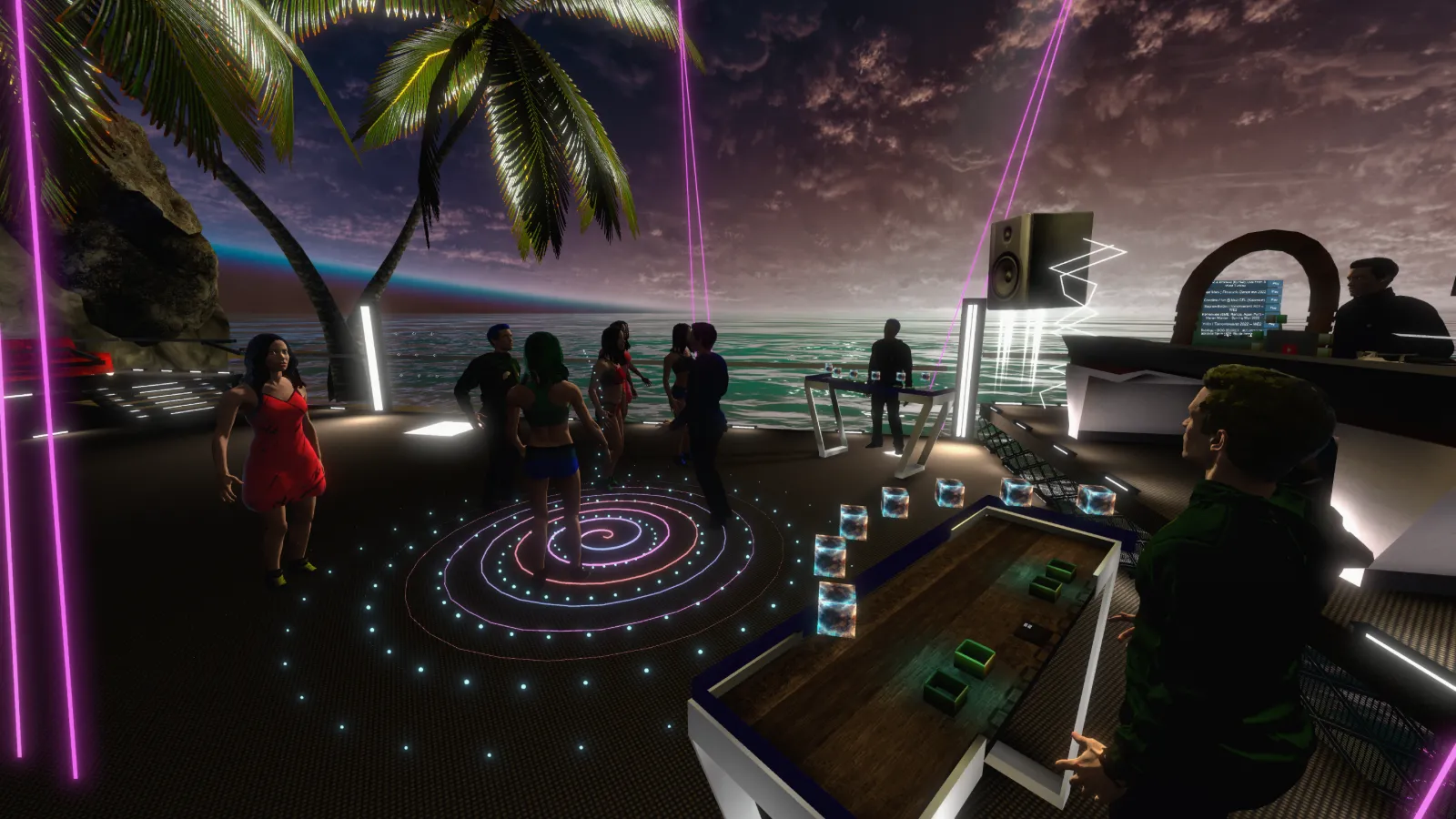 Avatars dancing on the Pier Scene dancefloor by the sea in VR Club Live: Tripica