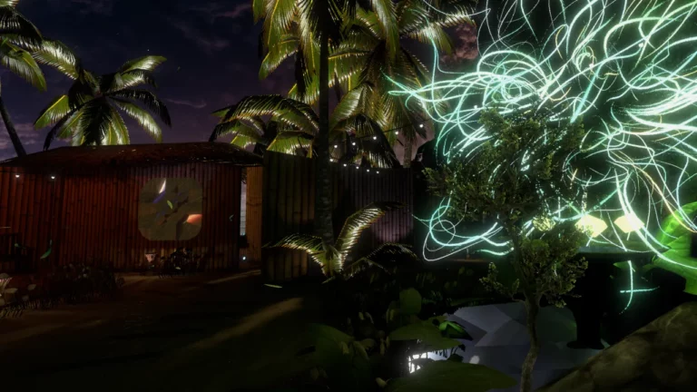 The Tripica rest area with palm trees, a wooden hut and glowing light trails
