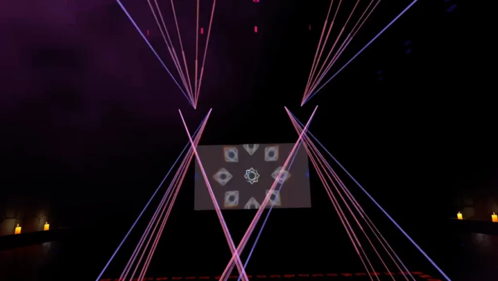 Twin laser rigs crossing in front of the VJ wall inside the Volcano Club