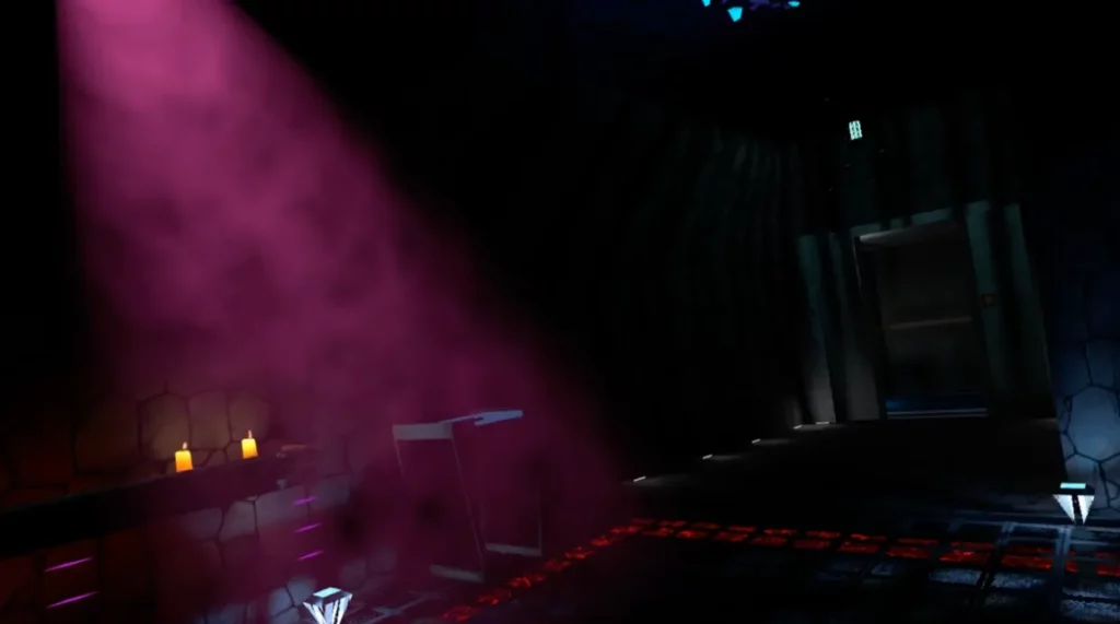 A pink spotlight cutting through haze over candles and a glowing lava floor in the Volcano Club